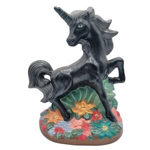 Vintage Hand painted Porcelain Male Unicorn Figurine Black w/ Flowers
